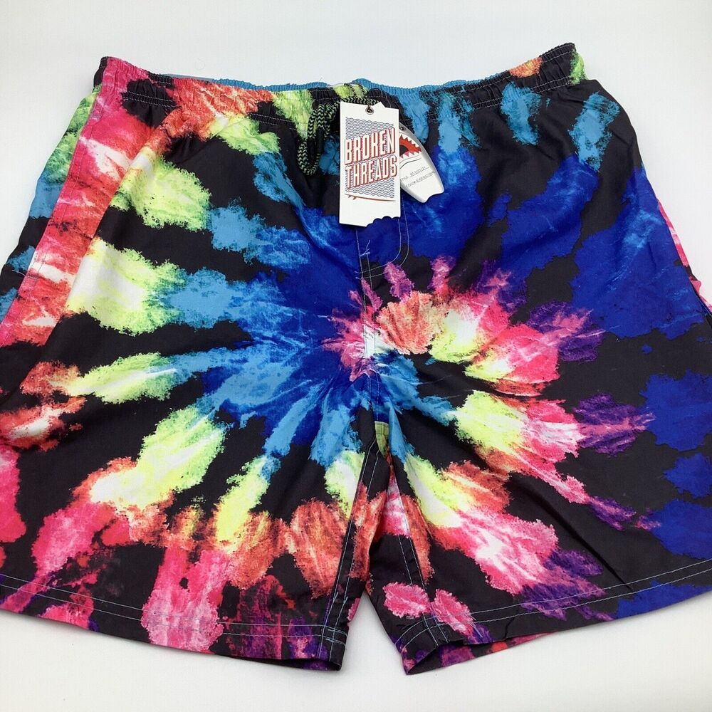 Broken Threads Mens Swim Trunks Black Multi Swirl Size Medium‎ NWT
